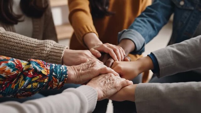 A group of people putting their hands together in a circle