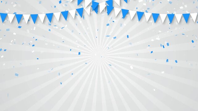 blue white confetti and flags happy birthday and party celeblation on sunburst animation, sale and promotion social media morion background