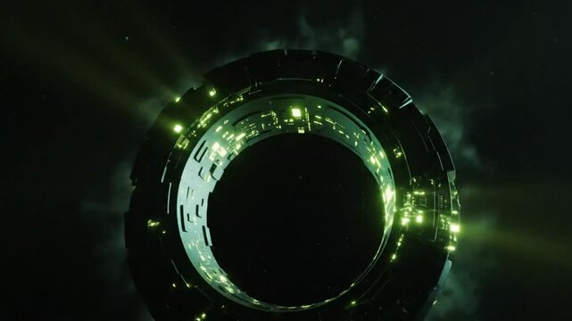 Futuristic Ring Space Station Glowing with Neon Lights, Cinematic Sci-Fi Concept, Dark Universe