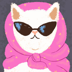 Fashion style cat wearing modern outfit, head scarf and sunglasses. Cute funny feline animal in headwear, stylish accessory, glasses. Female kitty in trendy apparel, portrait. Flat vector illustration