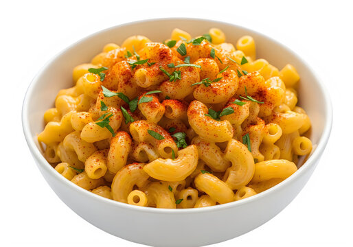 A bowl of creamy macaroni and cheese topped with paprika and herbs isolated on transparent background