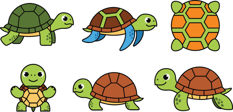 Cute Turtle Cartoon Vector Set Featuring Different Poses, Shell Patterns and Expressions Isolated on White Background for Wildlife and Animal Design Projects