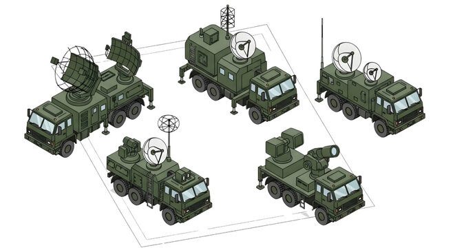 Military Radar Truck Icon Sheet Vector &ndash; Dark Green Army Communication Surveillance Vehicles Isometric Set