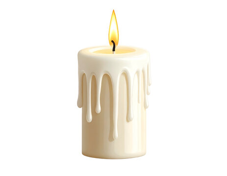A white pillar candle with melted wax dripping down its sides, lit by a bright flame