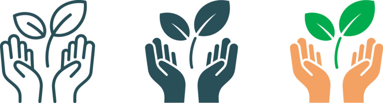 Hands with leaf icon, natural organic product label vector, ecological recyclable emblem, ecology environment care symbol, nature conservation sign, hand with leaves pictogram