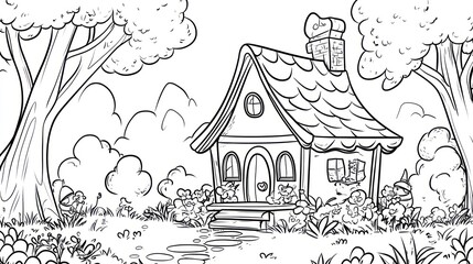 Obraz premium Fairytale cottage, forest, whimsical path, coloring book page
