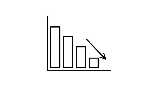 Declining Bar Chart with Downward Arrow Icon: Business Trend and Financial Loss Concept