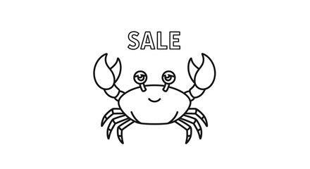 Fototapeta premium Cute Crab with Sale Sign - Black and White Line Art for Summer Promotions