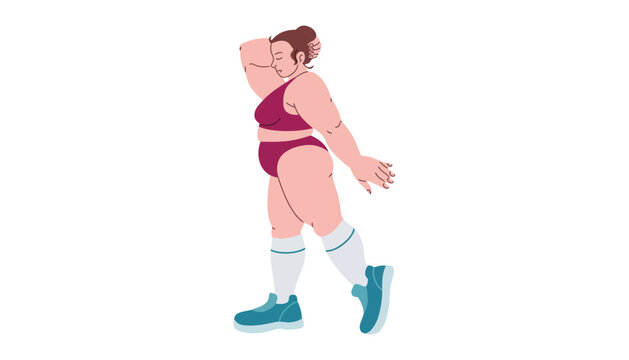 A plus-sized woman in a maroon workout outfit dancing energetically alone