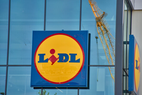 Lidl supermarket logo on the window of a commercial building in Vigo
