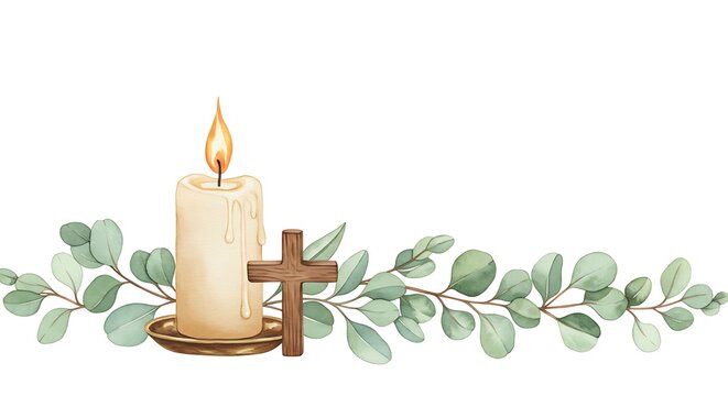 Watercolor Serenity: Candle, Cross, and Eucalyptus
