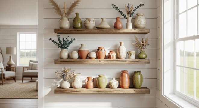 Rustic reclaimed wood shelves displaying a curated collection of assorted pottery vases and decorative objects