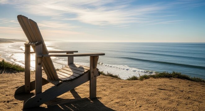 Weathered wooden Adirondack chair overlooking the ocean on a sunny day at the coast.