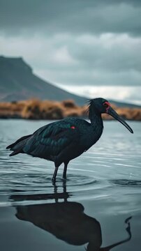 Black Ibis Wades in Shallow Water with Mountain Backdrop.