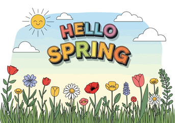 Obraz premium Hello Spring vibrant floral illustration with cheerful sun and fluffy clouds, celebrating the arrival of the season