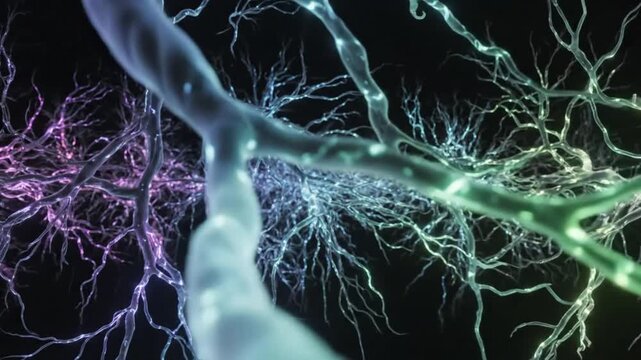 Abstract microscopic view of colorful neuron cells with electric signals, neural network connections over black background.