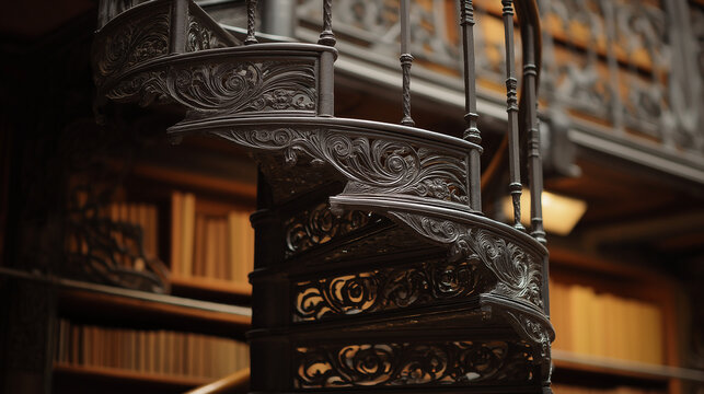 telex. Close-up of an ornate wrought-iron spiral staircase in an old library, leading upwards with soft light. real-estate listings.