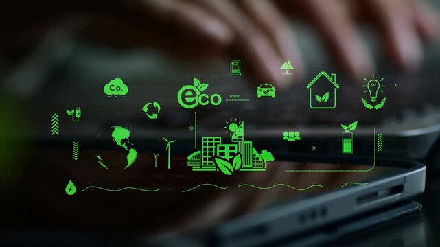 Green business corporate responsibility sustainable environment development goal. World environment day. Businessman use computer analyze ESG Co2 Carbon footprint Emission report graph to net zero
