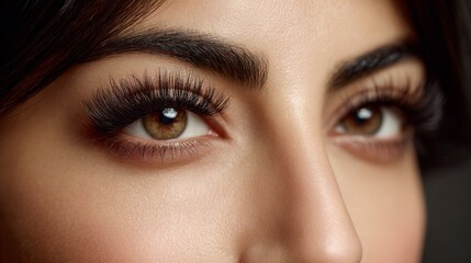 Fototapeta premium A mesmerizing close-up of enchanting eyes highlights rich brown hues and lush lashes. Soft lighting emphasizes the captivating allure and charm, inviting admiration