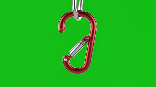 Red Carabiner Clip Opens and Closes on Green Screen Background.