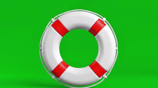 Lifebuoy floating on green screen background for safety and rescue concepts.