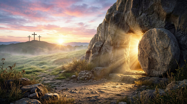 Empty Tomb of Jesus Christ at Sunrise &mdash; Resurrection Morning, Christian Easter Concept