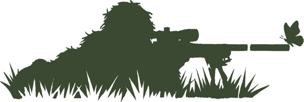 Silhouette of a sniper in ghillie suit with a butterfly on rifle barrel