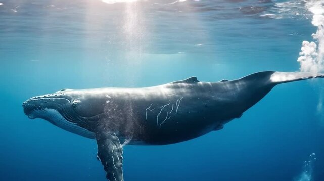 A majestic humpback whale swims gracefully through the clear blue ocean water, illuminated by sunlight filtering from above.