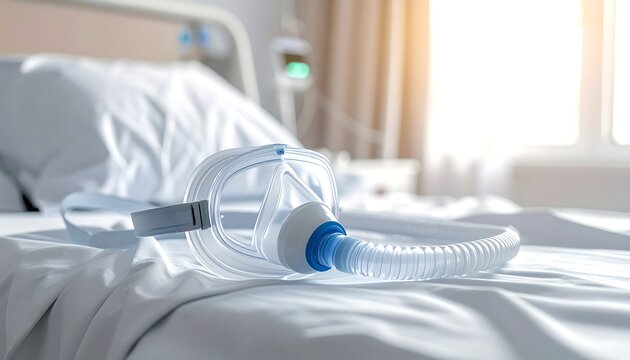 CPAP machine on hospital bed.