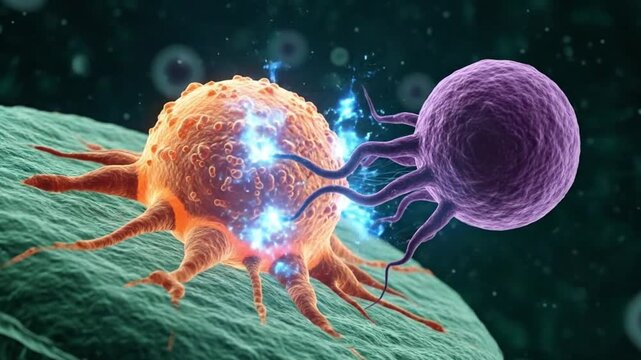 Microscopic view of an immune cell attacking a cancerous tumor cell, illustrating the body's defense mechanism against disease.
