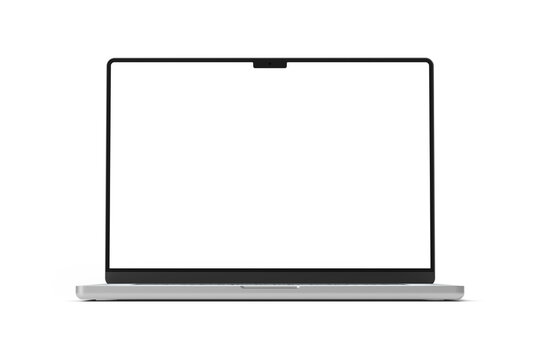 Modern laptop screen isolated on transparent background with shadows. Silver color. Front view of a modern computer. 3d rendering
