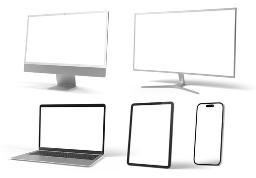 Modern devices screens pack isolated on transparent background. Smartphone, tablet, laptop and computer mockup. Front view. 3d rendering