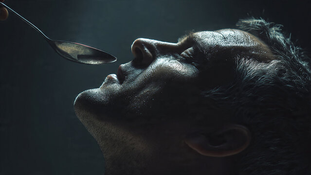 Close-up profile of a man's face being fed from a spoon, dramatic lighting