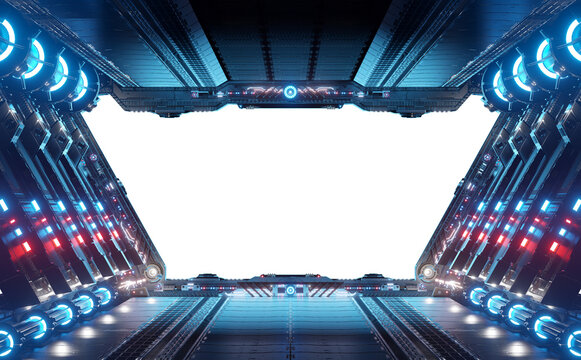 Metallic spaceship interior with isolated cut out transparent window. Glossy starship corridor with blue and pink glowing lights. 3D rendering