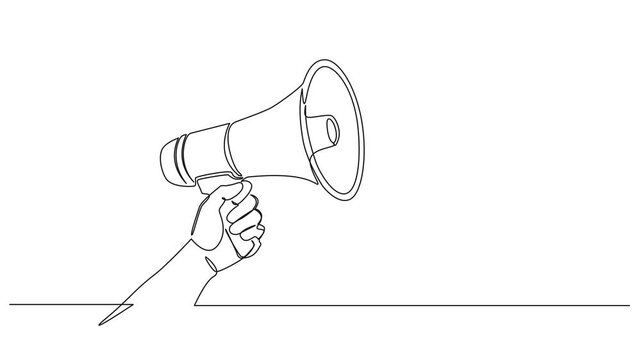 animated continuous line drawing of hand holding megaphone, line art animation