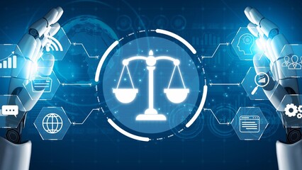 Futuristic digital law interface displaying justice scale, highlighting digital law, AI compliance,...