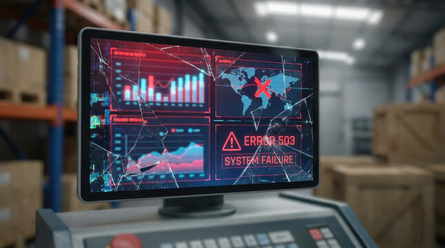 Broken monitor screen supply chain disruptions logistics error 503 warning data dashboard cyber attack concept in warehouse control room system failure alert global network risk