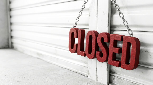 Closed shop shutter supply chain disruptions logistics concept with red closed sign hanging on metal garage door symbol of pause and economic slowdown in urban street scene