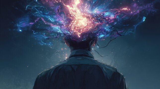 Portrait of a man with an exploding mind in a neon digital illustration
