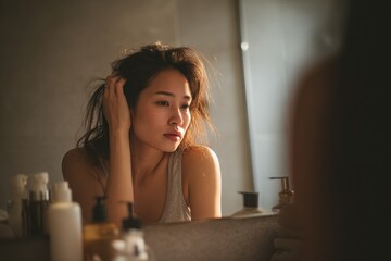 Fototapeta premium Portrait of a young Asian woman worried about hair loss and seeking gentle care at home