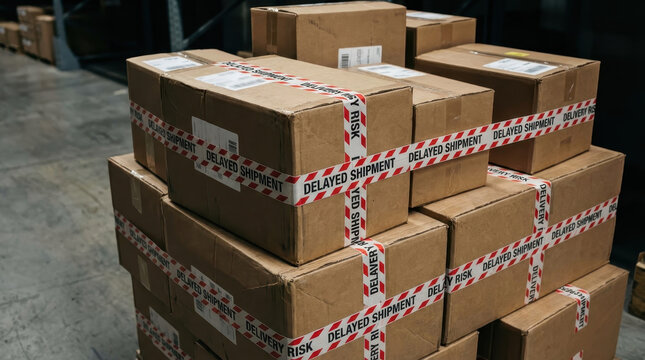 Delayed shipment parcel supply chain logistics disruption warehouse delay delivery problem shipping risk cardboard box freight industrial storage area transportation courier barcode label package