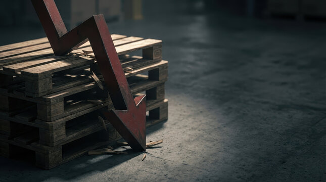 Downturn crisis recession economy finance risk arrow decline failure concept red arrow downturn crisis recession economy finance risk on wooden pallet fragment on concrete floor