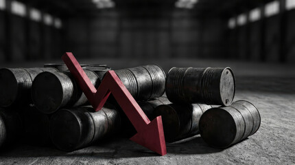 Fototapeta premium Falling red arrow oil barrel recession supply chain disruptions logistics concept on dark warehouse floor