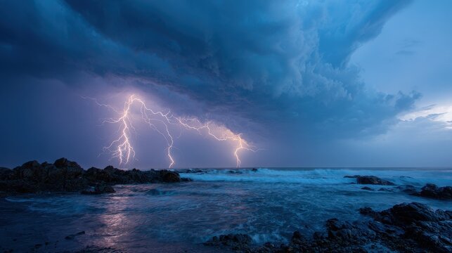 Powerful weather moment: thunderclouds, rain, and crashing sea under storm light