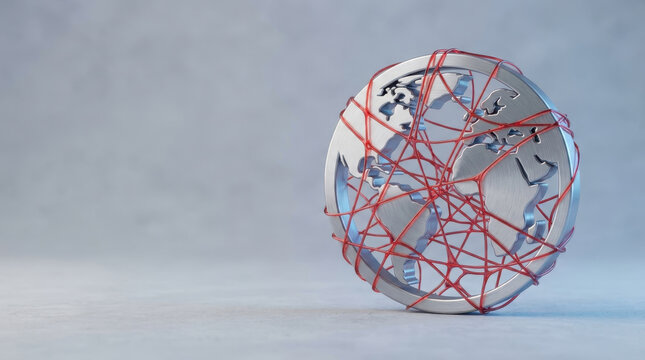 Global earth globe red string metal world map network connection tangled supply chain disruptions logistics concept stress