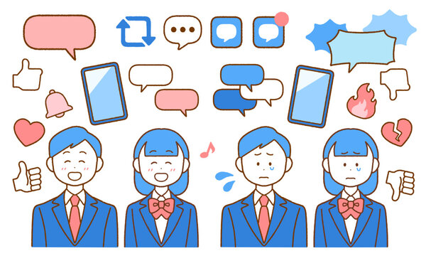 学生とSNSのアイコン素材セット｜スマホ・ネットトラブル