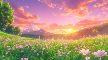 Fototapeta premium serene mountain meadow with pink flowers at sunset