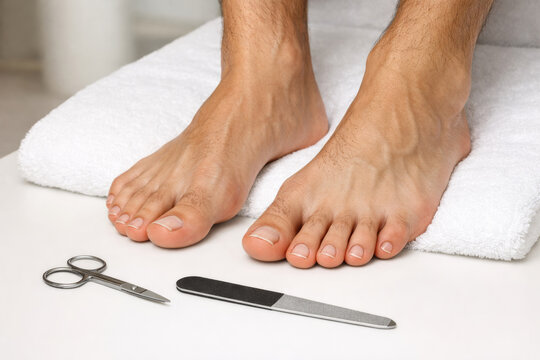 Men's Pedicure. Male Feet on a towel in spa or Pedicure salon. Hygiene Treatment Male Foot