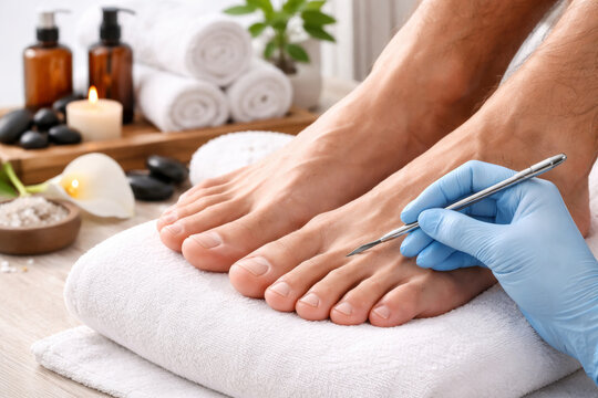 Men's pedicure. Male Feet on a white towel in Pedicure salon or Spa. Hygiene Treatment Male Foot