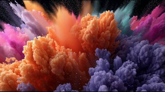 暗闇の中で多種多様な微粒子が激しく飛散し混ざり合う抽象背景